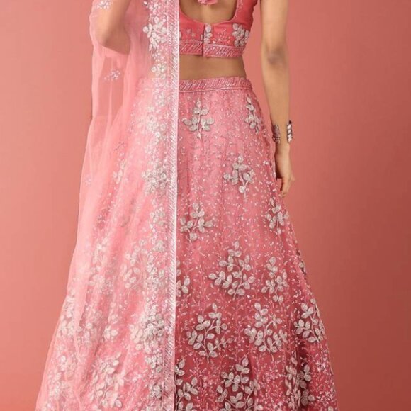 PINK NET SEQUINSE WORK STITCHED LEHENGA & BLOUSE, DUPATTA - Picture 4 of 6